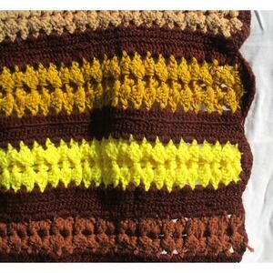 Handmade Crocheted Afghan Blanket Throw Brown Yellow Stripes Boho 47x37